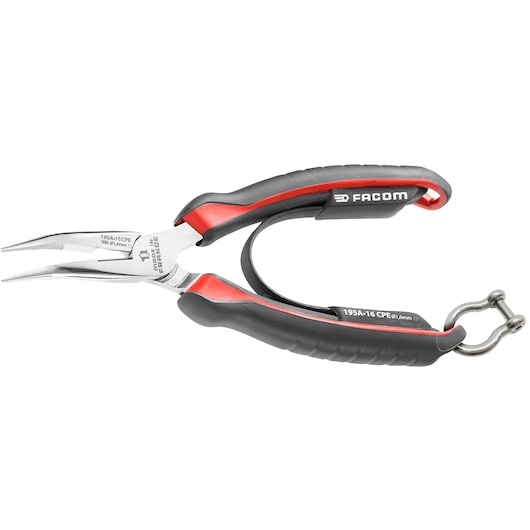 Facom long nose pliers 195_16CPESLS with black and red ergonomic handles, side view on white background.