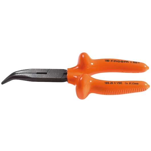 Facom insulated bent nose pliers 195_20AVSE with orange handles, side view on white background.