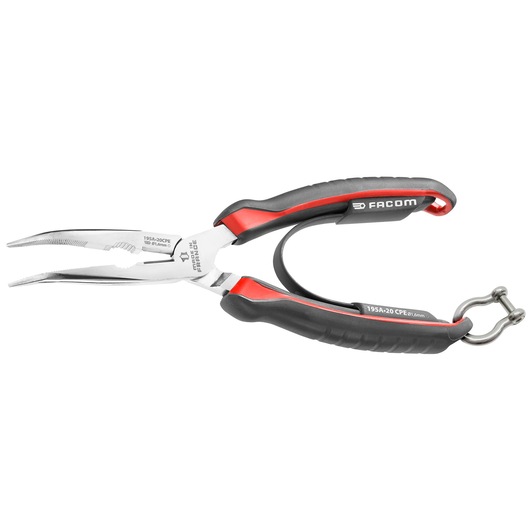 Facom 195_20CPESLS angled long nose pliers with black and red grip, safety spring and tether attachment, side view.