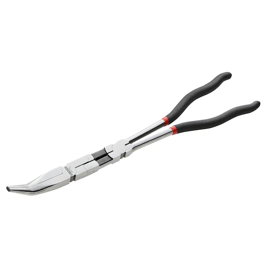 Facom 195_34L long-nose pliers with bent jaws, black ergonomic handles, side angle, white background.