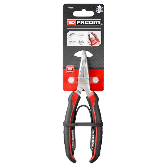 Facom 195A.16CPEPB long nose pliers with black and red soft grip handles, front view on white background.