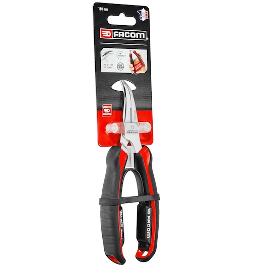 Facom 195A.16CPEPB long nose pliers with black and red soft grip handles, product shown in retail packaging, front angle.