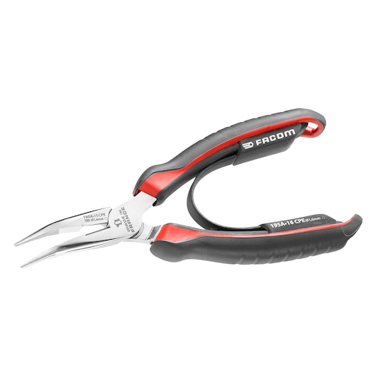 Facom 195A16CPE long nose pliers with black and red ergonomic handles, side view on white background.