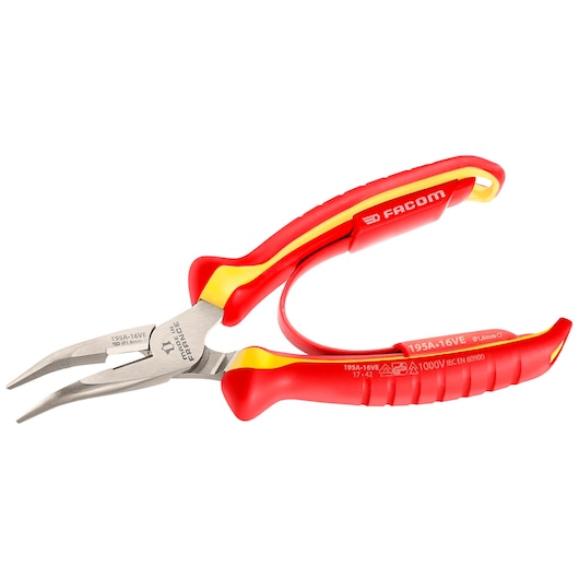 Facom 195A_16VE insulated long nose pliers with red and yellow handles, shown at a side angle on white background.