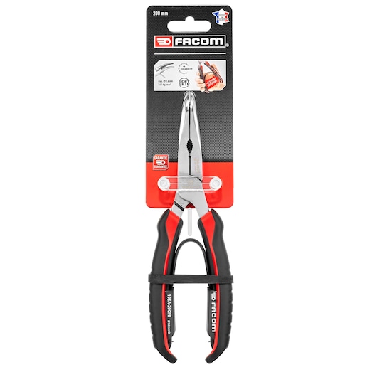 Facom ANGLED_NOSED_PLIERS 195A_20CPEPB_P1 long angled nose pliers with black and red ergonomic handles, front view on white.