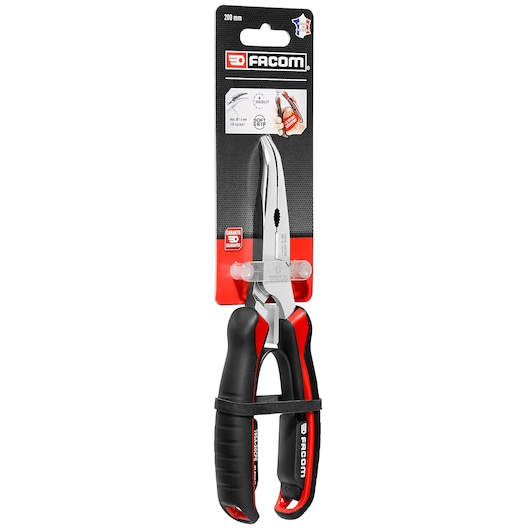 Facom ANGLED_NOSED_PLIERS 195A_20CPEPB_P2 pliers with red and black ergonomic handles, front angle on white background.