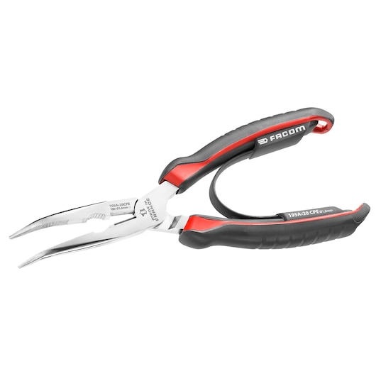 Facom 195A20CPE angled long nose pliers with black and red ergonomic handles, side view on white background.