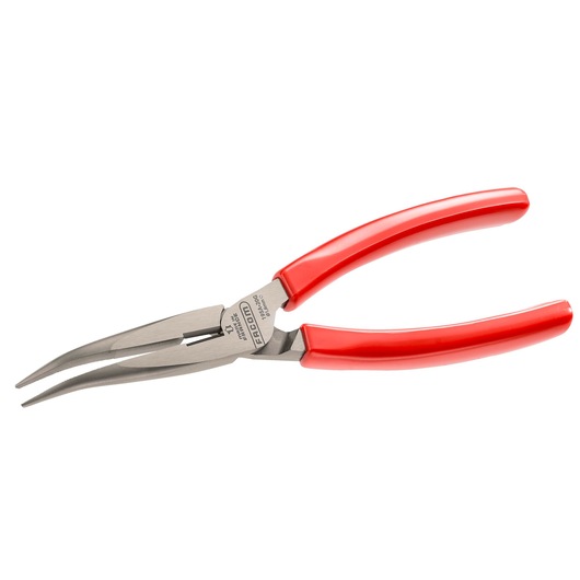 Facom 195A_20G bent long nose pliers with red handles, side angle, on white background.