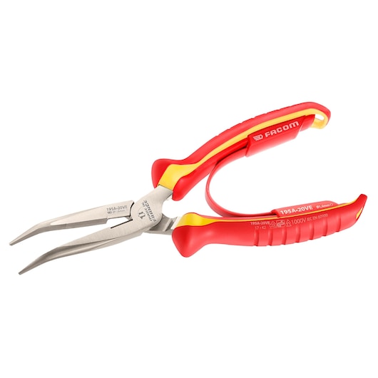 Facom 195A20VE insulated long nose pliers with red and yellow handles, angled jaws, studio angle.