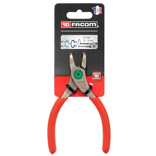 Facom 199G_13PB snap ring pliers with red handles, front angle, on branded packaging.