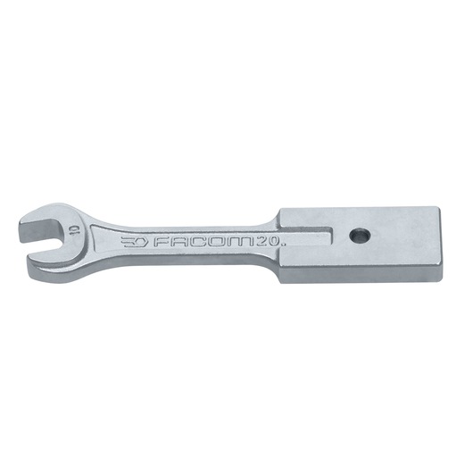 Facom 2010 open-end wrench with square head, silver finish, right side on white background.