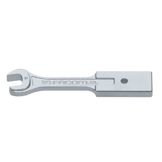 Facom 20_11 silver open-end wrench with rectangular handle, side angle on white background.
