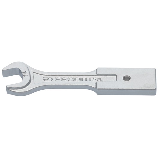 Facom 20_14 silver open-end wrench, flat handle with hole, left side view, photography.
