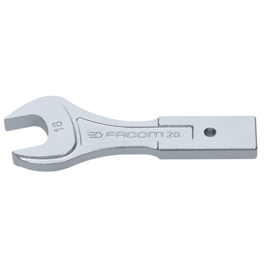Facom open-end wrench 20_18, chrome finish, single piece, top view on white background.