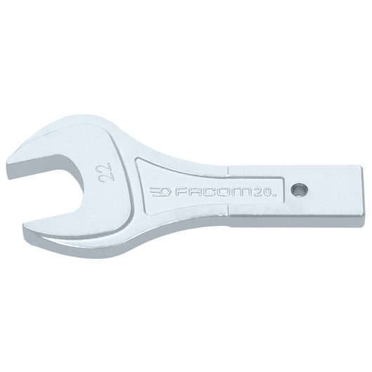 Facom 20_22 open-end wrench head, silver metal, close-up on white background.