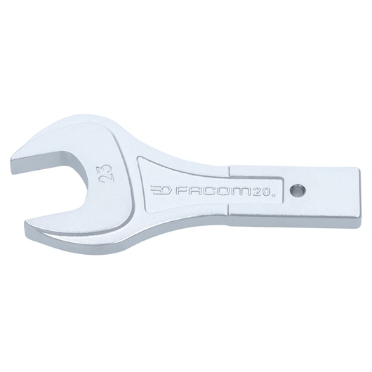 Photo of Facom 20_23 open-end wrench, silver, flat design, branding engraved, front angle on white background.