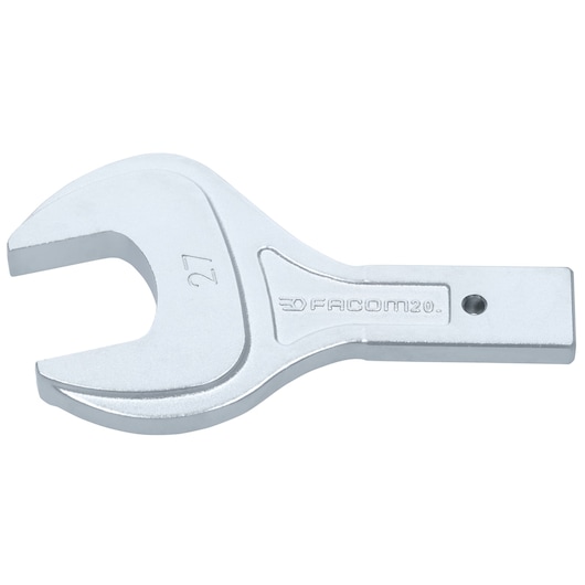 Facom 20_27 open-end wrench, silver, front angle, engraved size 27, photography.