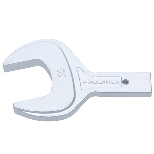 Facom 20_36 silver open-end wrench head, photography, angled on white background.