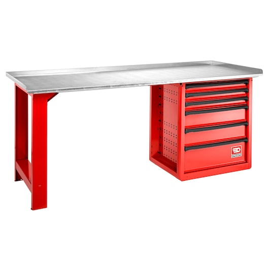 Facom 2000_ROLL6M3G red workbench with six drawers, metal top, front angle, photography