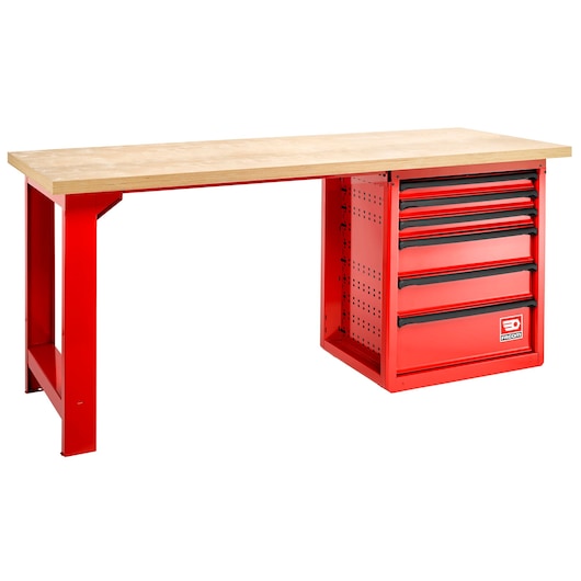 Facom 2000_ROLL6M3W red workbench with wood top and six-drawer tool chest, front angle on white background.