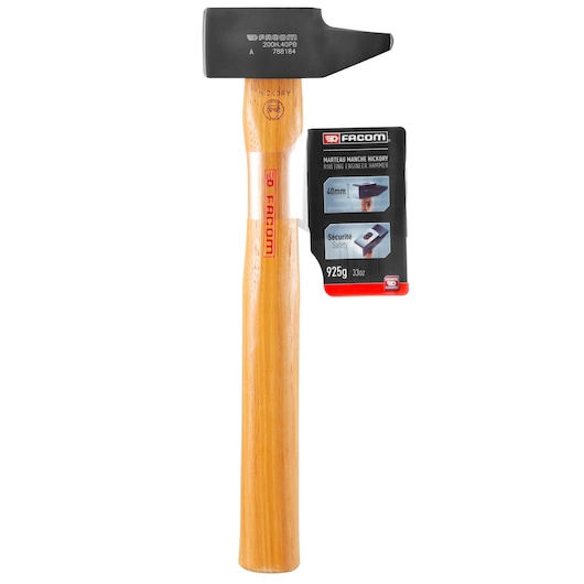 Facom 200H.40PB engineer hammer with hickory wooden handle, 40mm head, seen from front on white background.