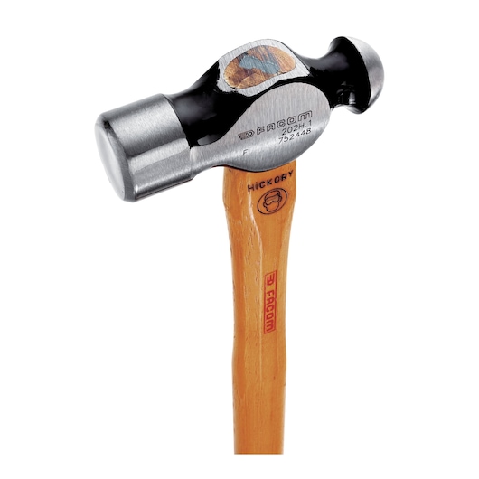 Facom 202H_1 ball peen hammer with polished steel head, wood handle, and side angle on white background.