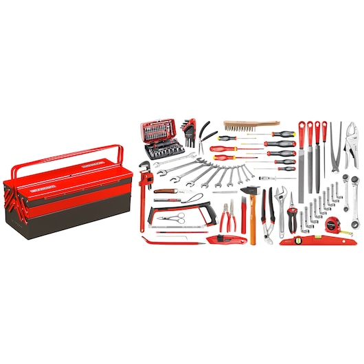 Facom 2046SG4A tool kit with red metal toolbox, assorted hand tools, and accessories, front angle.