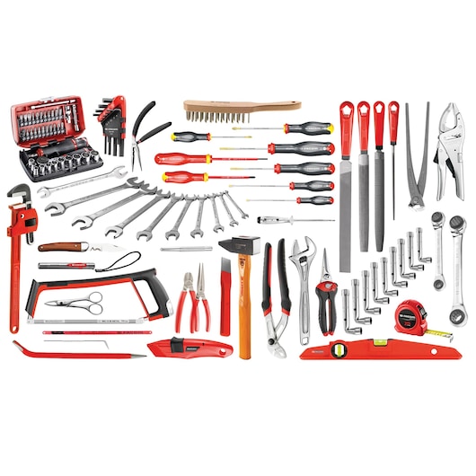 Facom 2046SG4A tool set, multiple hand tools including wrenches, screwdrivers, pliers, sockets, hammer, and accessories, top-down view.