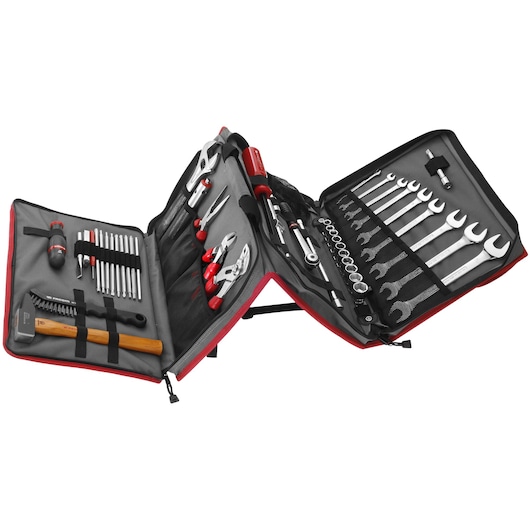 Facom 2049m tool kit with open soft case showing assorted wrenches, pliers, screwdrivers, and sockets, angled view.