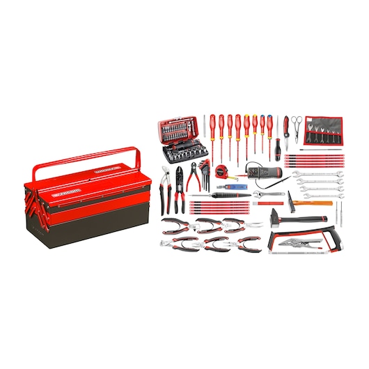 Facom 2050E17 metal toolbox with assorted hand tools, screwdrivers, pliers, wrenches, and accessories, front angle
