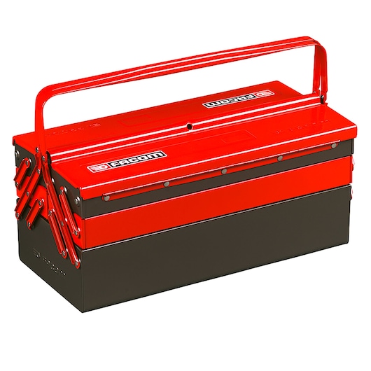 Facom 2050M100A metal toolbox with red lid and handle, photography, front angle on white background.