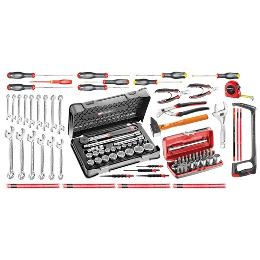 Facom 2050M100A tool set photography, includes wrenches, screwdrivers, pliers, sockets, tape measure, and saw, front angle.