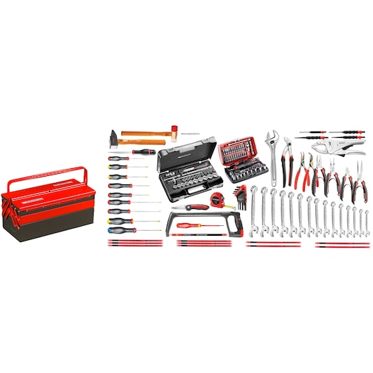 Facom 2050_M110-A tool set photography, with red toolbox and assorted hand tools on white background.