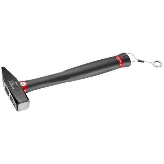 Facom 205C_20SLS black and red engineer's hammer with lanyard, side view on white background.