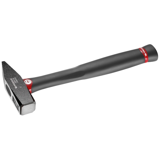 Facom 205C_30 black steel mechanic’s hammer with red accents, side angle, on white background.