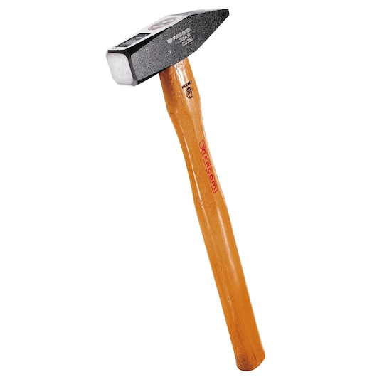 Facom 205H_80 hammer with wooden handle, angled view, silver head and black sides.