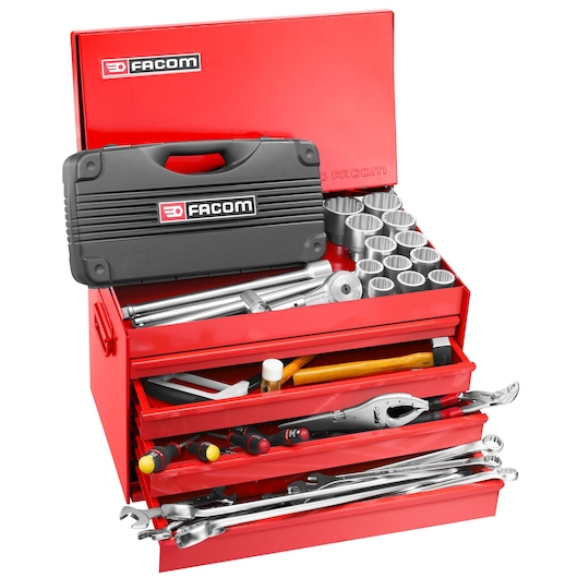 Facom 2068mv9 red metal toolbox with assorted hand tools, sockets, and a black carrying case, front angle.