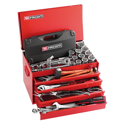 Facom 2068uv12 red metal toolbox with assorted hand tools and socket set, front angle on white.