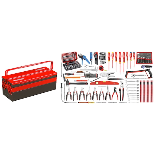 Facom 2070E18 tool set with red metal toolbox and assorted hand tools including screwdrivers, pliers, wrenches, and sockets.