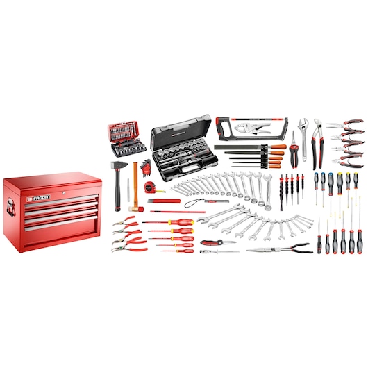 Facom 2074M130A professional tool set with red tool chest, assorted wrenches, screwdrivers, pliers, sockets, and hand tools, front view.