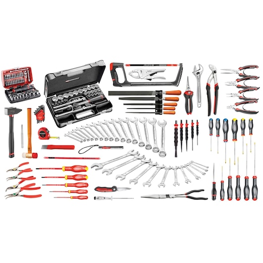 Facom 2074M130A hand tool set, top-down view, includes wrenches, screwdrivers, pliers, hammers, and tool cases.