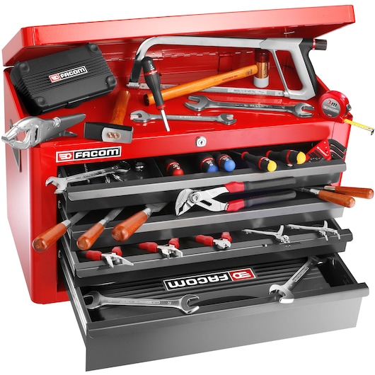 Facom 2074M130A red toolbox with multiple drawers, assorted hand tools and accessories, front angle.