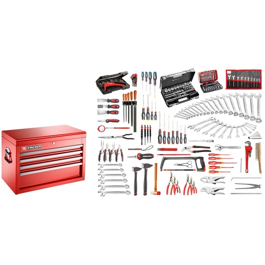 Facom 2074_M140A red metal tool chest with four drawers and assorted hand tools including wrenches, pliers, and screwdrivers, photography, frontal angle.