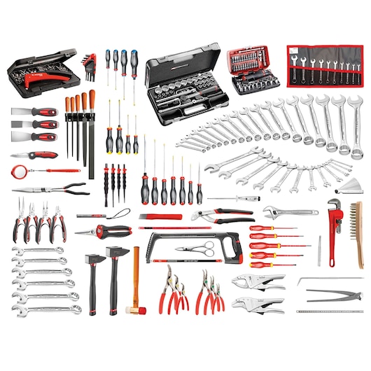 Facom 2074_M140A large toolset with wrenches, screwdrivers, pliers, hammers, saw and socket sets, white background.