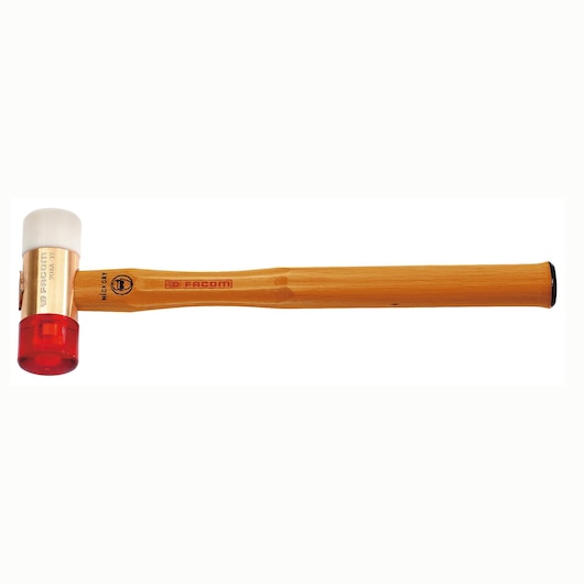 Facom 207A_25CB mallet with wooden handle, white and red dual material head, side angle on white background.