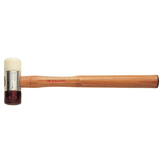 Facom 207A_32CB mallet with wooden handle, white and dark brown dual striking faces, side view on white background.