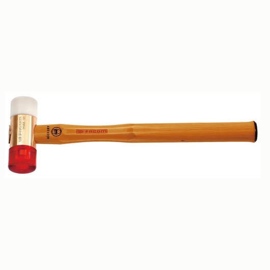Photo of Facom 207A_50CB mallet with a wooden handle, white and red dual-material head, side angle on white background.