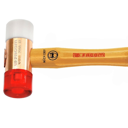 Facom 208A_32CBASLS soft-face hammer with wooden handle, red and white striking faces, side angle on white background.