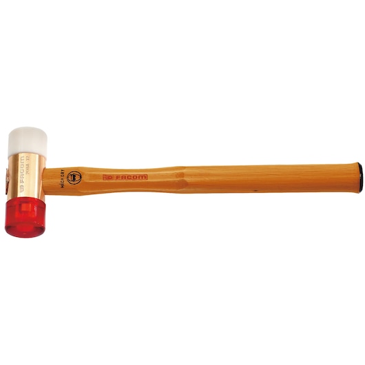 Facom 208A_32CBA mallet with wooden handle, white and red striking ends, side view, photography.