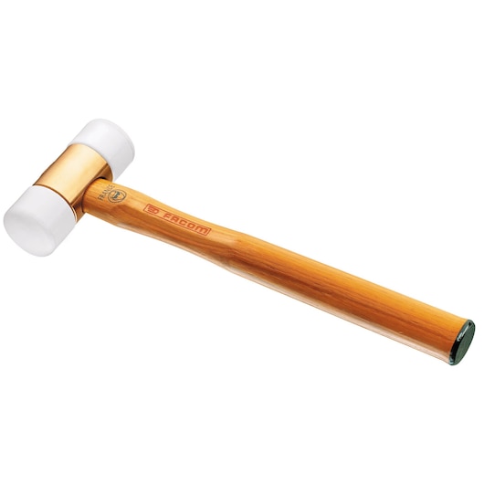 Facom 208A_40CCA mallet with wooden handle and dual white rubber heads, side angle, white background.